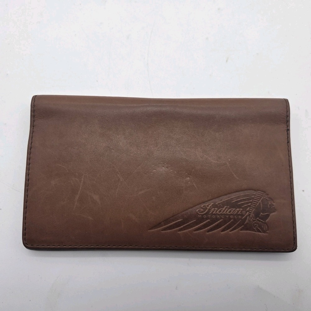 Vintage Indian Motorcycle Brown Leather Long Billfold Wallet Embossed Logo